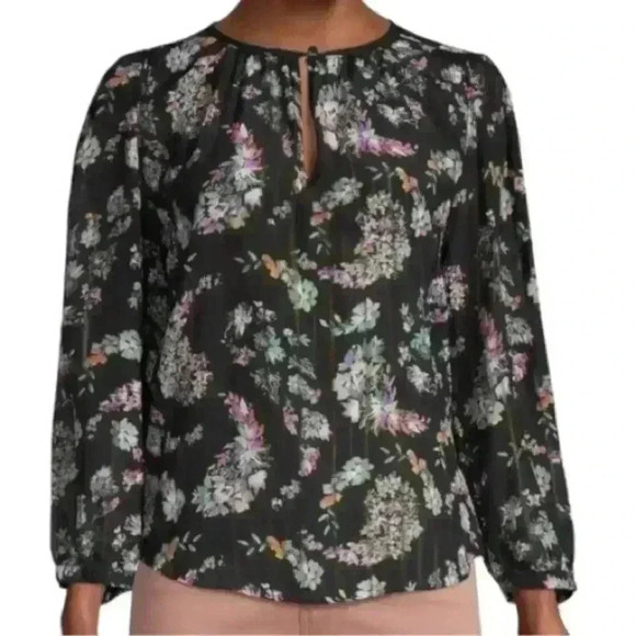 Rebecca Taylor Women’s Size 00 Black Floral Printed Silk Keyhole Neck Top Blouse - Picture 1 of 9